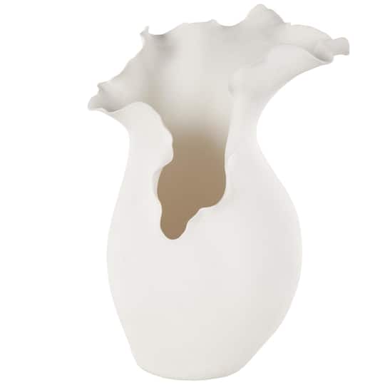 14.75" White Ceramic Abstract Floral Inspired Vase with Wavy Edge